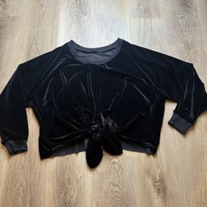 Nude Brand, Black Velour Cropped Tie Up Long Sleeve Oversized Blouse Small